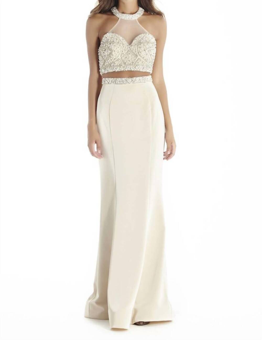 NEW JOSH & JAZZ halter crepe prom dress in champagne